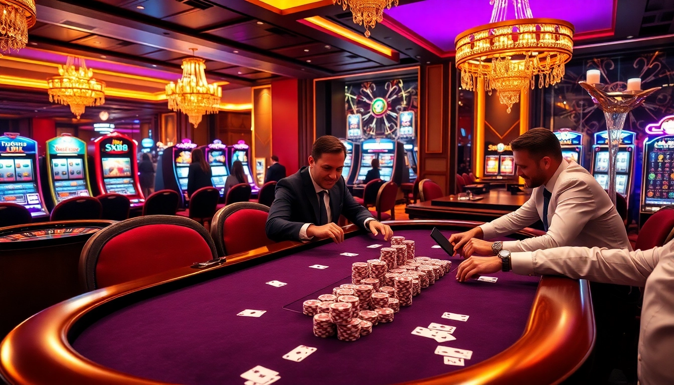 SX88-themed high-stakes poker game featuring vibrant chips, focused players, and luxurious casino design.