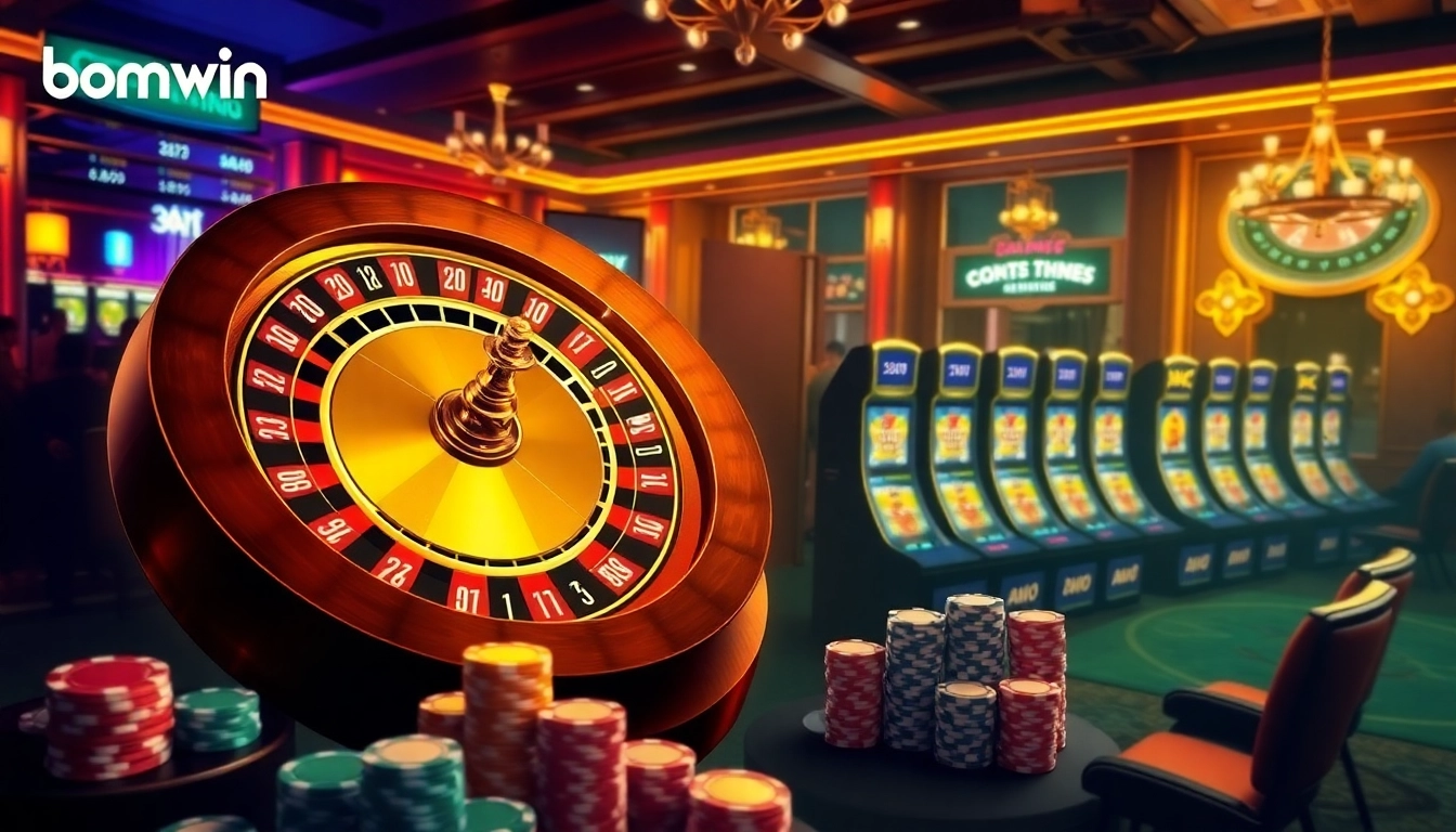 Experience thrilling gameplay at bomwin with luxurious casino elements like roulette and poker chips.
