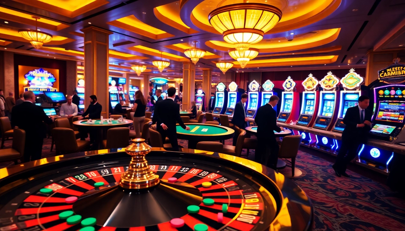 Enjoying the thrilling atmosphere of QQMacan as players engage with vibrant slot machines and roulette.
